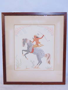 Watercolor, Navajo with bow on horseback, signed Haskay Yah Ne Yah, Harrison Begay, 12" by 10.5": Watercolor, Navajo with bow on horseback, signed Haskay Yah Ne Yah, Harrison Begay, 12" by 10.5"