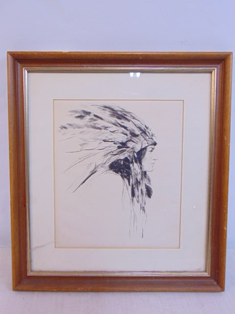 Ink drawing, Native American portrait, signed Knowles Hare, 8.5" by 7.25" (1 of 4)