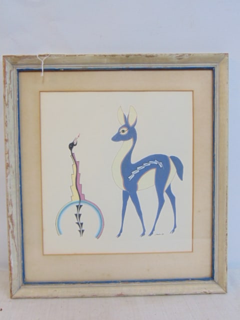 Painting, doe & serpent, signed John '51, watercolor, 10.5" by 10" (1 of 4)