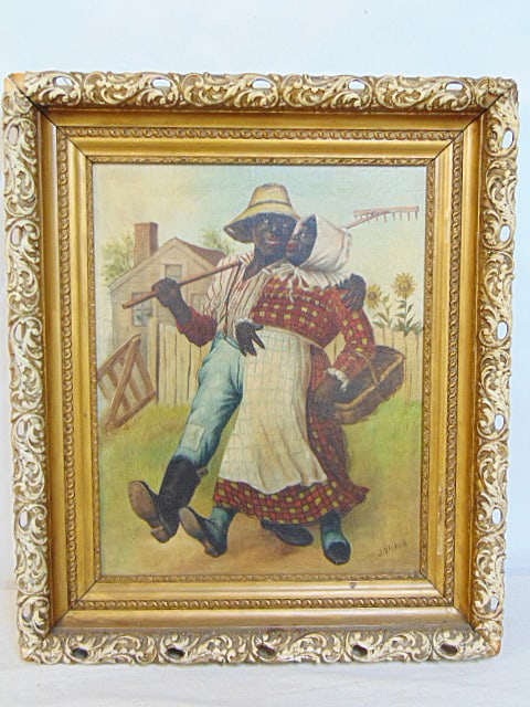 Painting, black Americana, signed J.M. Pickerill, oil on canvas, relined, 17.5" by 14" (1 of 7)