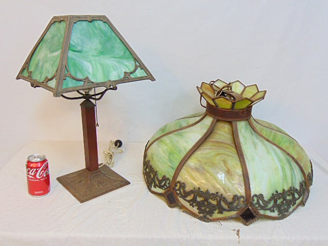 Slag glass table lamp & chandelier, table lamp with green glass 4 panel shade, height is 21" (one (1 of 5)