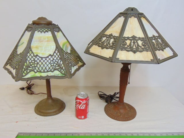 2 table lamps with slag glass panel shades, one 6 sided shade, has one broken panel & 8 sided shade, (1 of 5)