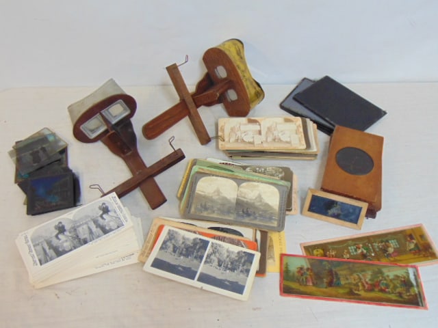 Large lot stereo cards, two viewers & glass lantern slides plus glass negatives, stereo cards (1 of 4)