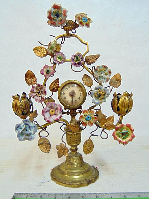 brass & porcelain clock tree lamp, with porcelain flowers, clock is as is, has two sockets, height (1 of 4)
