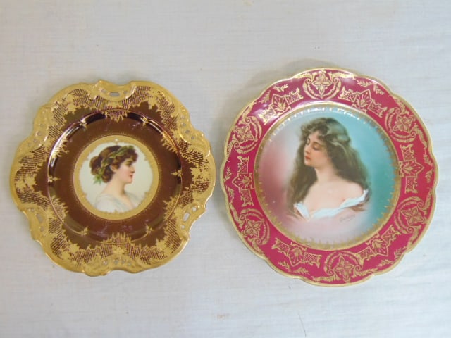 2 porcelain Austrian portrait plates, with gilt detail, signed, 8.75" & 9.75" in diameter, good (1 of 8)