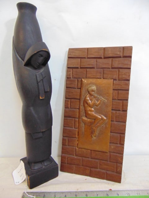 2 sculptures, copper relief on wood board with carved brick pattern & carved wood figure, woman (1 of 4)