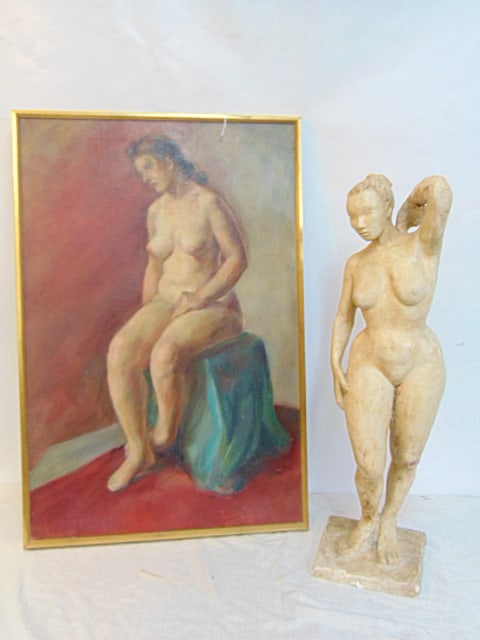 Plaster nude & painting, nude, painting marked "Bramnick" on reverse, oil on canvas, canvas is 29.5": Plaster nude & painting, nude, painting marked "Bramnick" on reverse, oil on canvas, canvas is 29.5" by 19.5", statue is 26", has broken arm, various repairs.