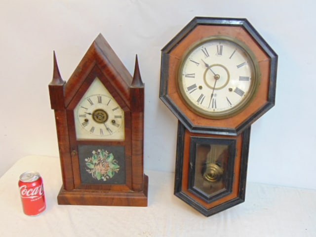 2 clocks, Ansonia Steeple clock and early regulator, Ansonia has eglomise door, height is 20", both (1 of 6)