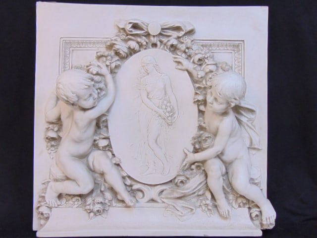Fiberglass & plaster frieze w/ cherubs & center medallion of figural lady, 39 1/4" x 40 1/4": Fiberglass & plaster frieze w/ cherubs & center medallion of figural lady, 39 1/4" x 40 1/4" Weights lightly less than 45 pounds.