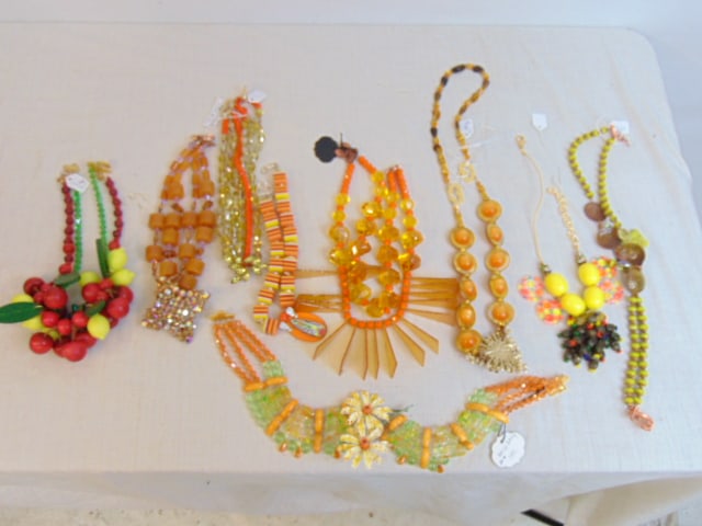 Costume Jewelry necklaces, orange tones, fruit necklace, Vintage & new pieces used to create: Costume Jewelry necklaces, orange tones, fruit necklace, Vintage & new pieces used to create necklaces, pin needs to be glued