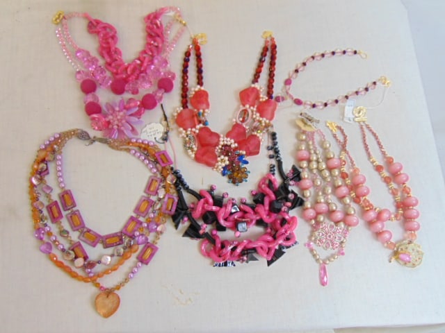 Costume jewelry hot pink necklaces, vintage pins & newer material used, felt balls, plastic beads, &: Costume jewelry hot pink necklaces, vintage pins & newer material used, felt balls, plastic beads, & other