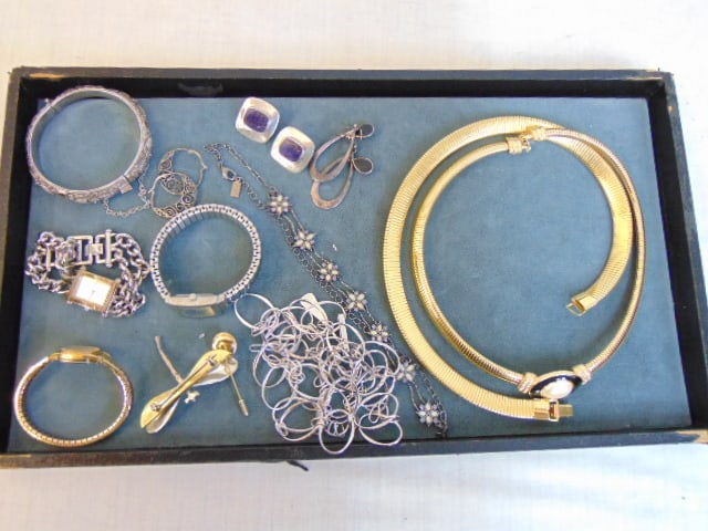 Costume jewelry, sterling & wristwatches lot to include gold tone Monet, Mexico 925 butterfly pin (1 of 4)