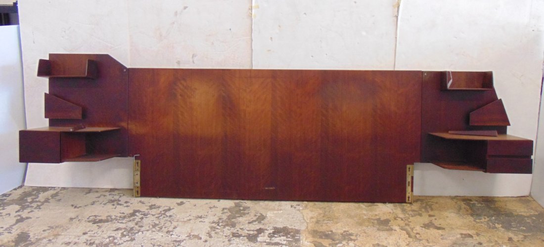 Gio Ponti for Singer Mid Century headboard with attached shelves, nightstands, king size (1 of 12)