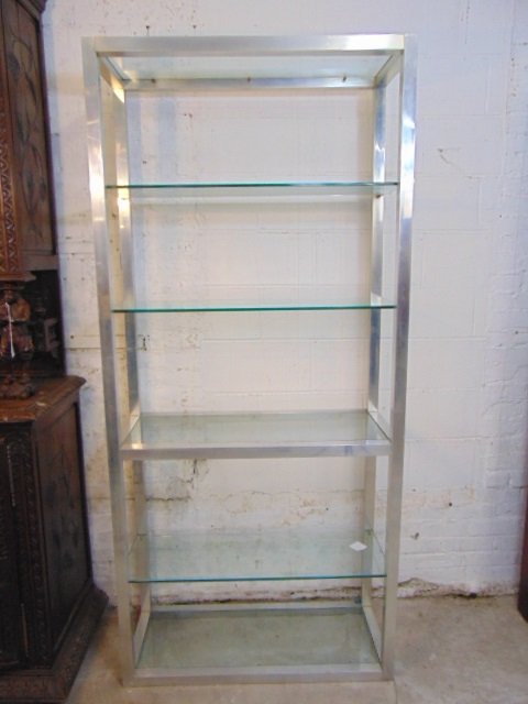 Aluminum shelf with glass shelves, 36" by 15", height is 79": Aluminum shelf with glass shelves, 36" by 15", height is 79"