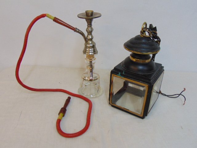 Waterpipe & hall lantern, pipe with glass body, floral decoration, small hall lanteren, metal with b: Waterpipe & hall lantern, pipe with glass body, floral decoration, small hall lanteren, metal with beveled glass.