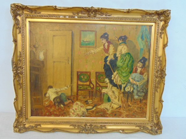 Painting, mouse hunt, signed Leiner, 3 ladies standing on chairs while two young boys are going afte (1 of 6)