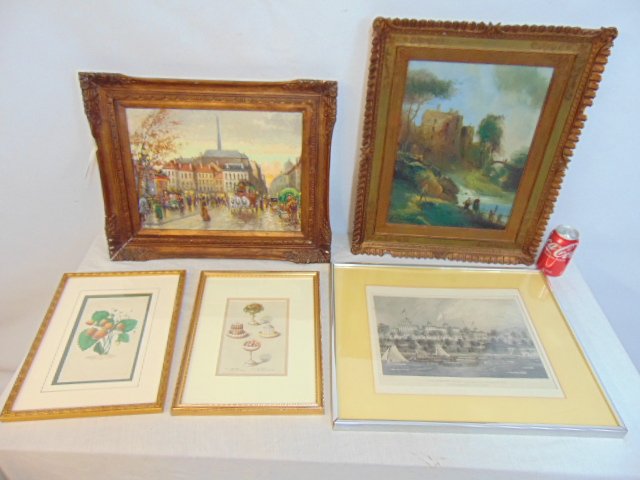 Art lot, paintings, prints, Parisian street scene signed A. Laverdan, oil on canvas; Figures by stre (1 of 9)