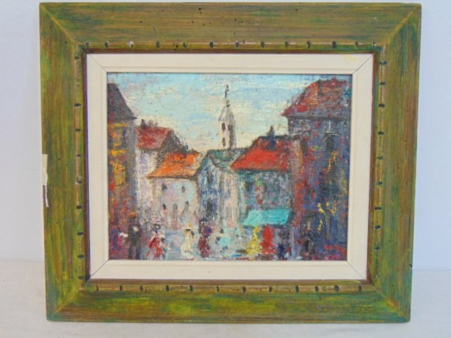 Painting, town scene with roof tops, illegibly signed, oil on Masonite: Painting, town scene with roof tops, illegibly signed, oil on Masonite, actual painting is 11" by 14", including frame it's 21.5" by 18.5"