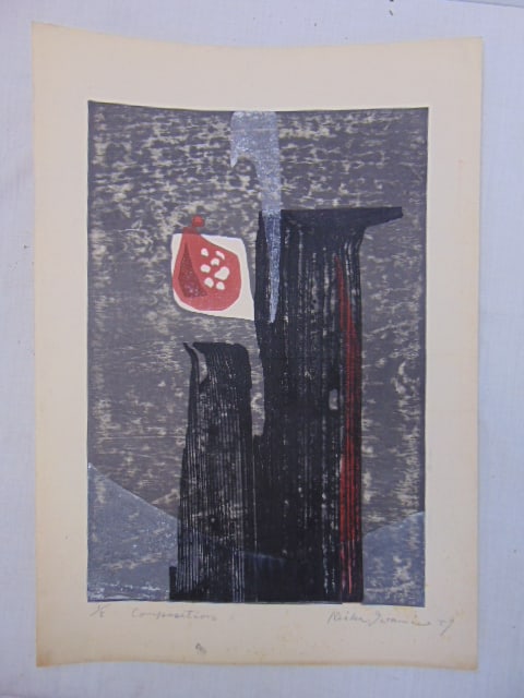 Woodblock print, "Composition", Reika Iwami, 1959, edition 1/5, 19.75" by 14" (entire sheet (1 of 4)
