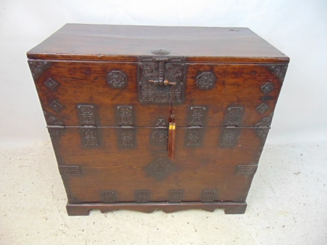 Korean cabinet with drop front door, ornate metal hardware, cabinet is 33" wide, 16.75" deep, height (1 of 7)