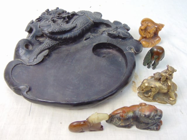 Japanese ink stone & carved, bronze figures, Netsukes, inkstone decorated with dragon, Jade (?) (1 of 13)