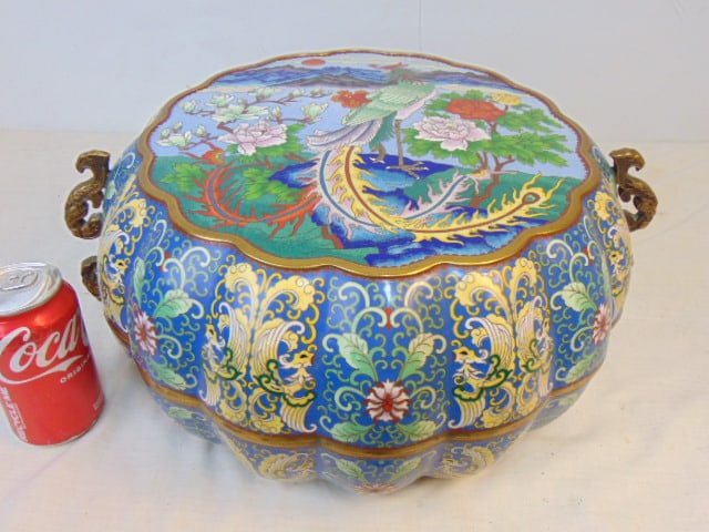 Large cloisonne box with lid, decorated with exotic birds, flowers, with handles, diameter is 15", (1 of 5)