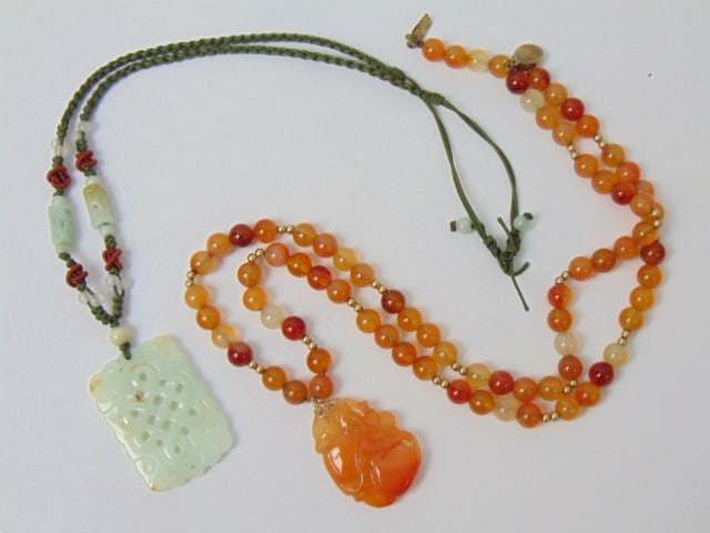 2 Asian necklaces, Jade pendant & orange hardstone pendant on beaded necklace (1 of 7)