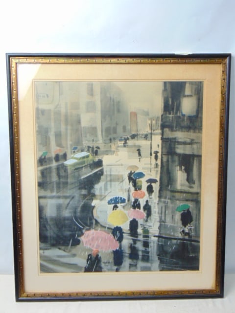 Painting, "Bright Rain", Ralph Avery, watercolor, rainy street scene with people with umbrellas, (1 of 7)