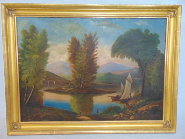 Painting, River scene with sailboats, mountains, dated 1885, unsigned, oil on canvas, canvas is 24" (1 of 5)