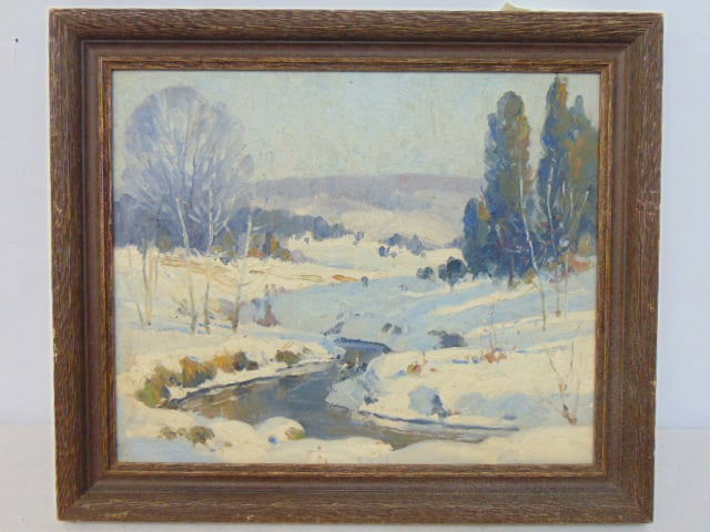 Painting, Winter landscape with creek in snow, unsigned, oil on Masonite, 9.75" by 12" something (1 of 4)