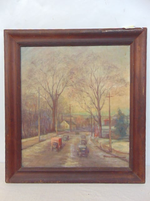 Painting, village street with cars, signed Robert Banks Flintoft, oil on canvas, 20" by 18": Painting, village street with cars, signed Robert Banks Flintoft, oil on canvas, 20" by 18"