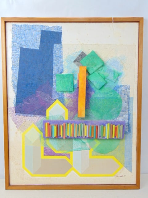 Mixed Media, "Polychrome 11", signed Krisel '90, collage with fabric, wood & colored wood sticks,: Mixed Media, "Polychrome 11", signed Krisel '90, collage with fabric, wood & colored wood sticks, 30" by 24"