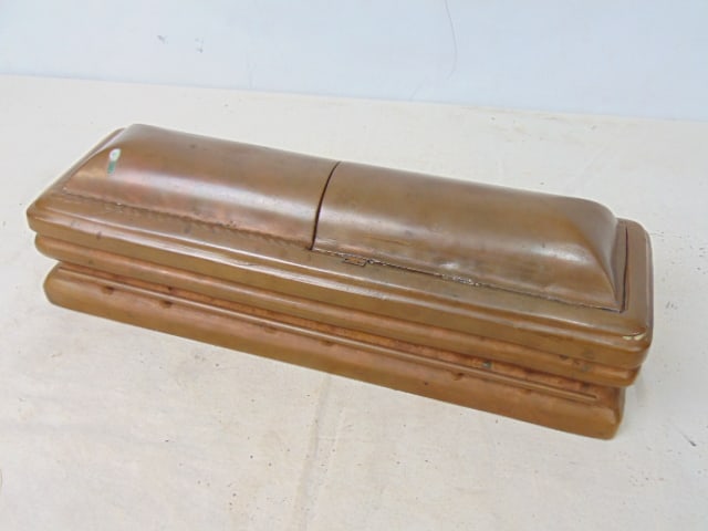 Copper vault casket salesman sample, coffin shaped lift top box, 14.25" long, 4.5" wide, height is (1 of 4)
