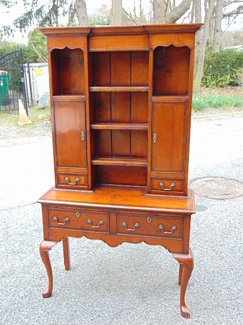 Small Welsh cherry cupboard,banded inlay detail, two drawers in base, open center top flanked by: Small Welsh cherry cupboard,banded inlay detail, two drawers in base, open center top flanked by doors & drawers, circa 1860, with appraisal report, 41.5" wide, 16.25" deep, height is 73.25"