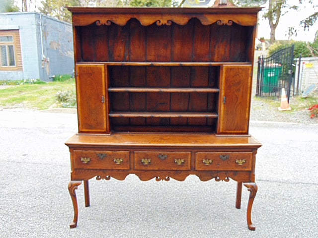Elm cupboard, on elegant shell cabriole legs, three drawer base, open center top flanked by two (1 of 7)