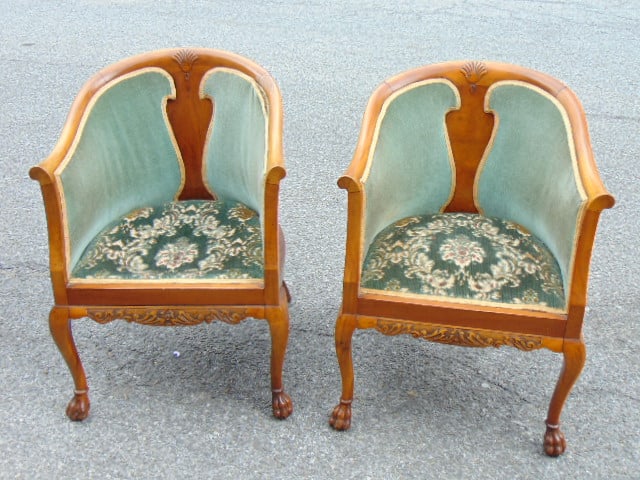 Pair barrel back or tub chairs, claw feet, upholstered with Velvet Brocade upholstery, carved (1 of 8)