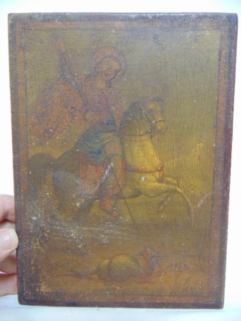 Icon, St George slaying the dragon, dated 1870, 9.25" by 6 7/8",: Icon, St George slaying the dragon, dated 1870, 9.25" by 6 7/8",