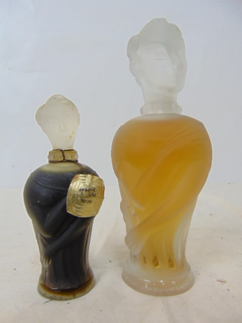 2 vintage perfume bottles, 1950's "Momoire Cherie" in frosted crystal glass 5" tall & a rare Factice (1 of 7)