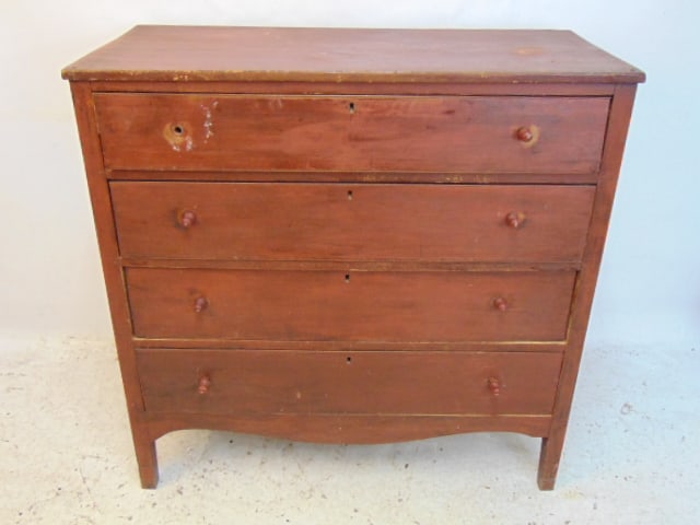19th Century pine country chest in red paint, 4 drawers, one knob is missing, one drawer is loose, (1 of 4)