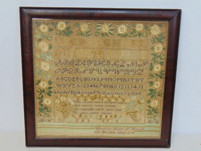 Antique sampler, "Wrought by Harriet N. Howard, October 16th 1824, aged 9yrs", with floral border, (1 of 4)