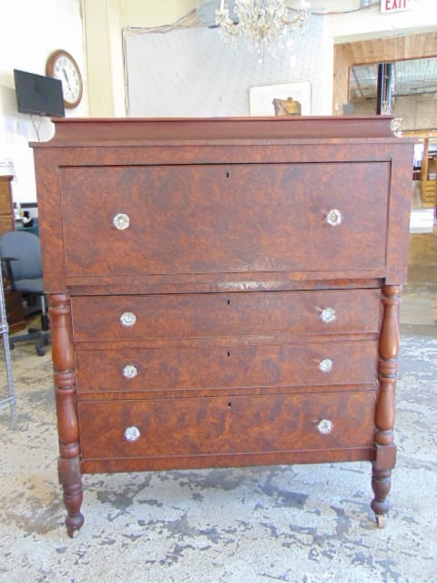 19th Century chest with figured veneers, 4 drawers (large top drawer) with glass knobs, chest is 44" (1 of 6)