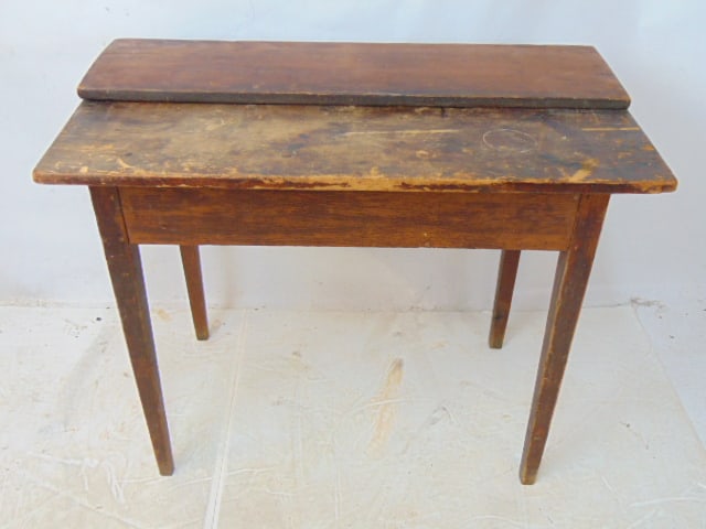 Country pine drop leaf table with one drawer, has one drop leaf (loose), top is 35.75" by 19", (1 of 4)