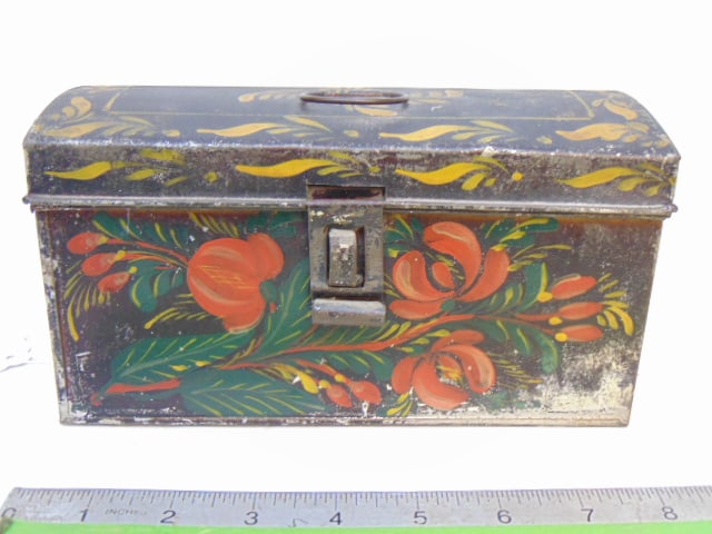 Tole floral paint decorated box, hinged lid, box is 8" by 3", height is 4.5" some wear of paint, see (1 of 4)