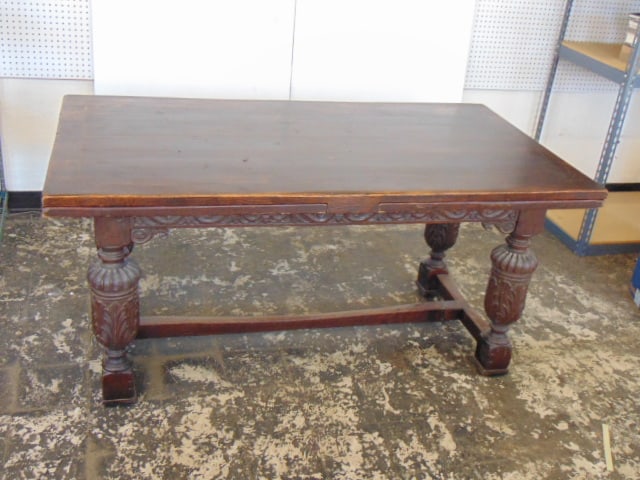 Oak refectory table, heavy carved legs with cross-stretcher base, pull out leaves, table is 65.5" by (1 of 5)