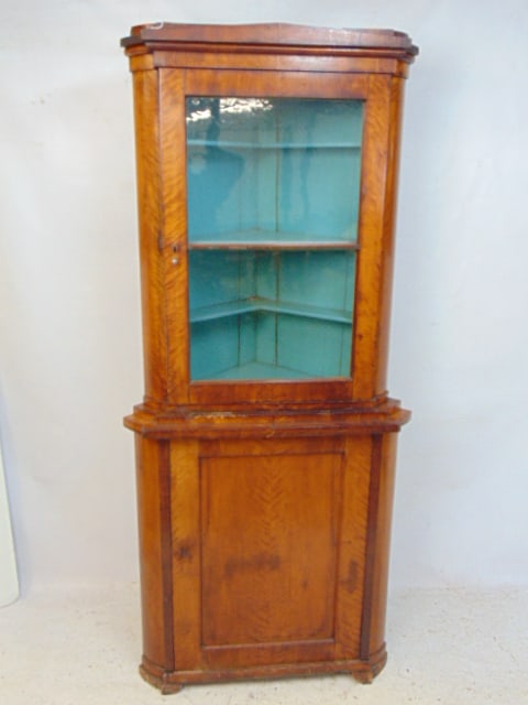 19th Century Biedermeier corner cabinet, two piece cabinet, blue paint interior top, cabinet is 35" (1 of 7)