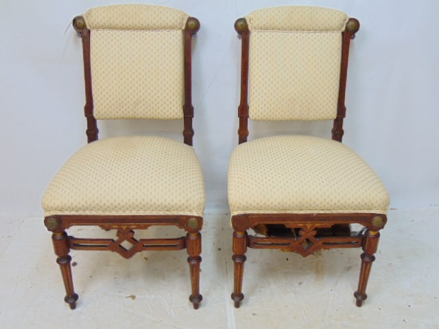 Pair Victorian side chairs, walnut frames, upholstered seat & back, with bronze decoration. (1 of 5)