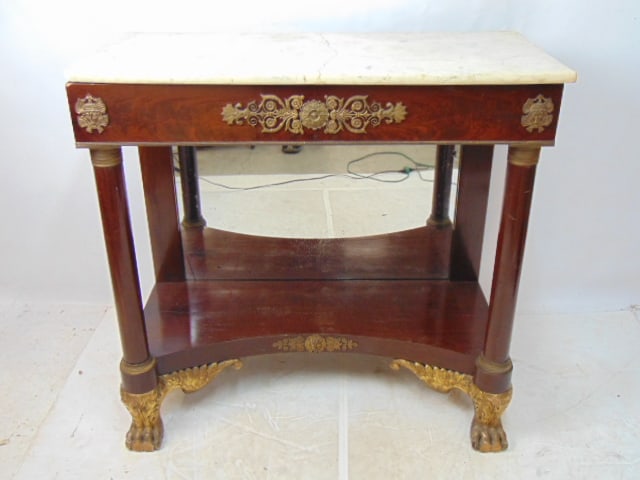 Empire marble top pier table with bronze trim, mirrored back, claw feet, toes missing on feet, (1 of 7)