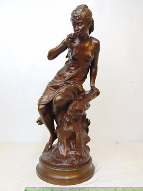 Figural bronze, signed Math. Moreau, girl drinking from a seashell, dark brown patina, height is (1 of 9)