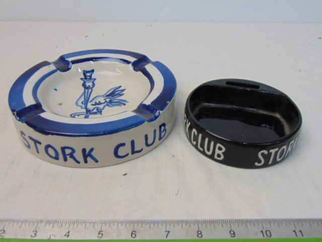 2 original Stork Club ashtrays, one in blue & white, 7.25" & one in black, "Hall", 4.75", blue &: 2 original Stork Club ashtrays, one in blue & white, 7.25" & one in black, "Hall", 4.75", blue & white ashtray with stork decoration has small hairline