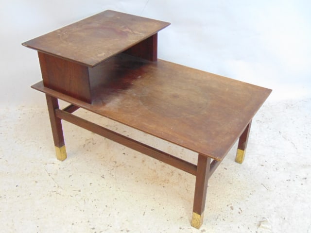 Mid Century step back side table, brass capped feet, table is 20" wide, 32" deep, 22" tall. (1 of 5)